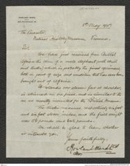 Nachlass Franz Steindachner, Brief von Rowland Ward an Franz Steindachner (08.05.1907), Inv.Nr. 576.01, Seite 1